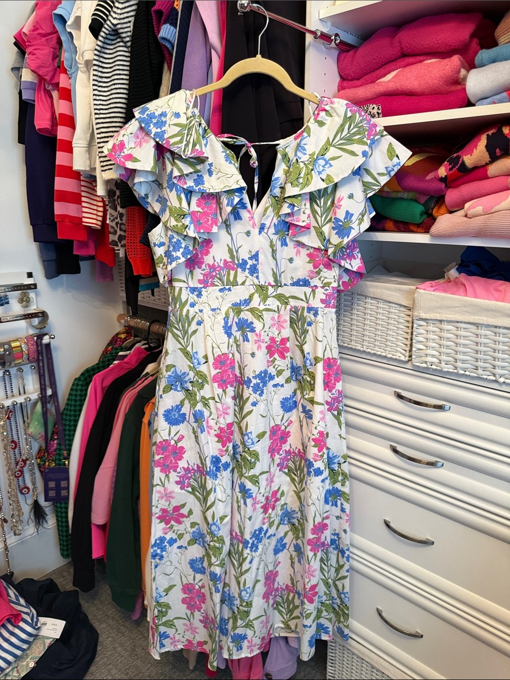 Sugarlips White Midi Dress with Pink & Blue Floral Print